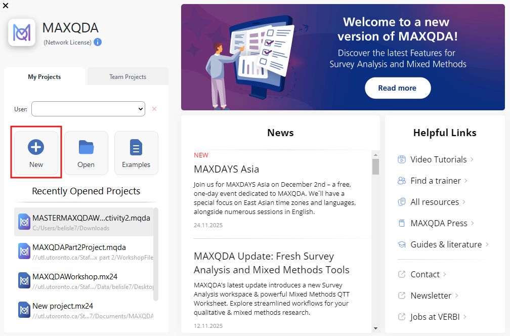 MAXQDA Launch page with New highlighted