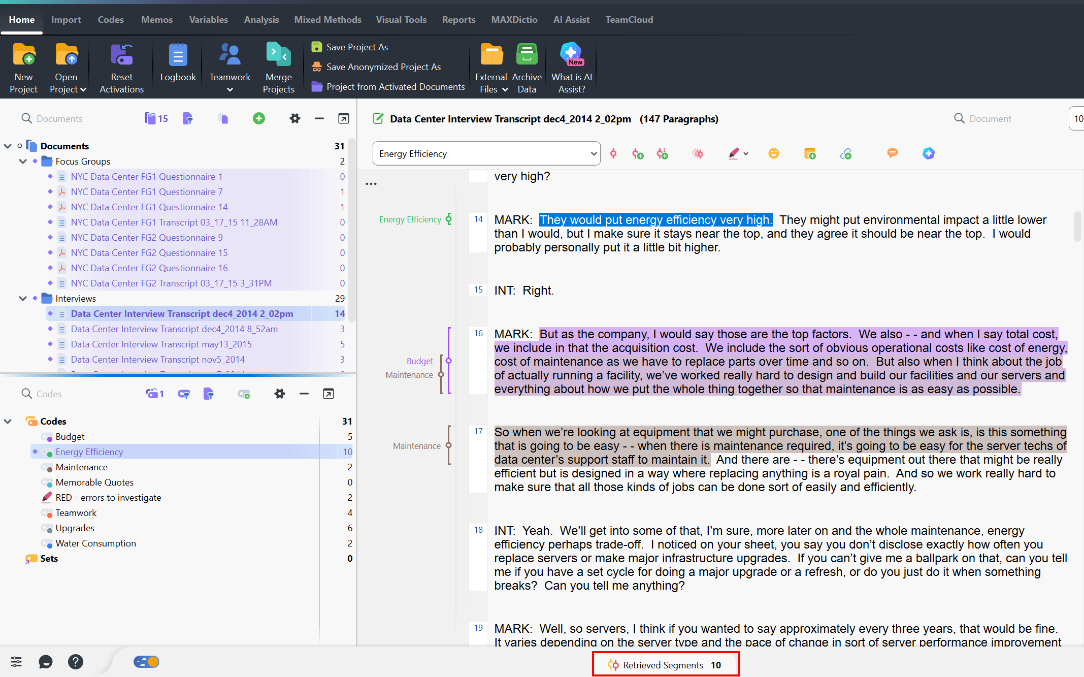 MAXQDA interface, highlighting the Retrieved Segments tab at the bottom