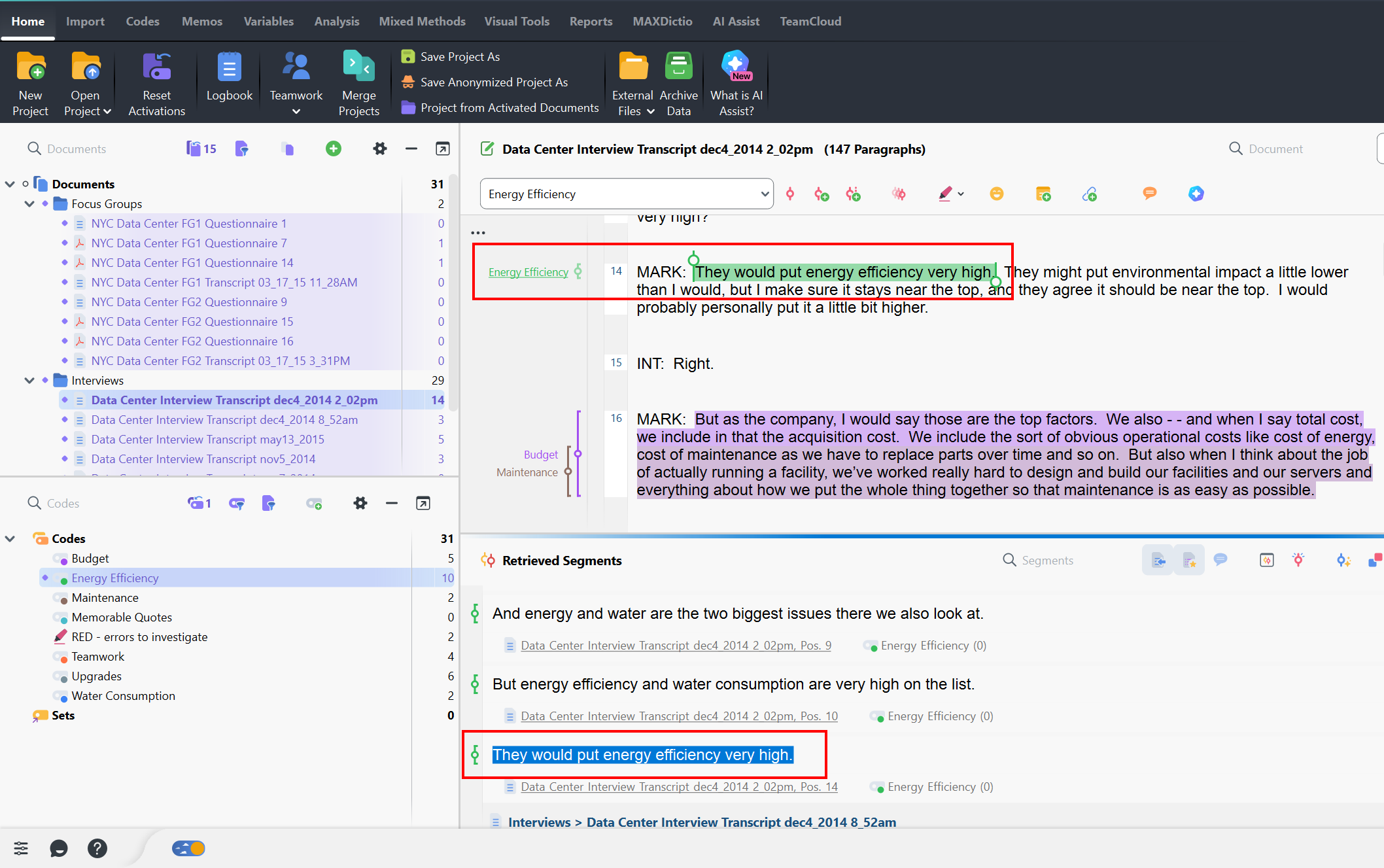 A retrieved segment is highlighted and the corresponding segment is also highlighted in the open document above