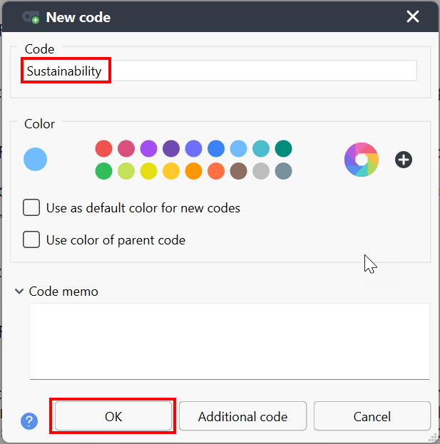 New code pop-up window with the name Sustainability highlighted along with the OK button