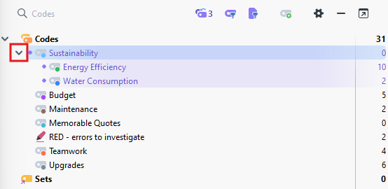 Code panel showing that the count is zero for Sustainability when it is expanded