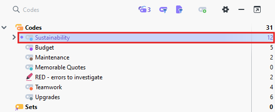 Code panel showing the code count is 12 for Sustainability when it is collapsed