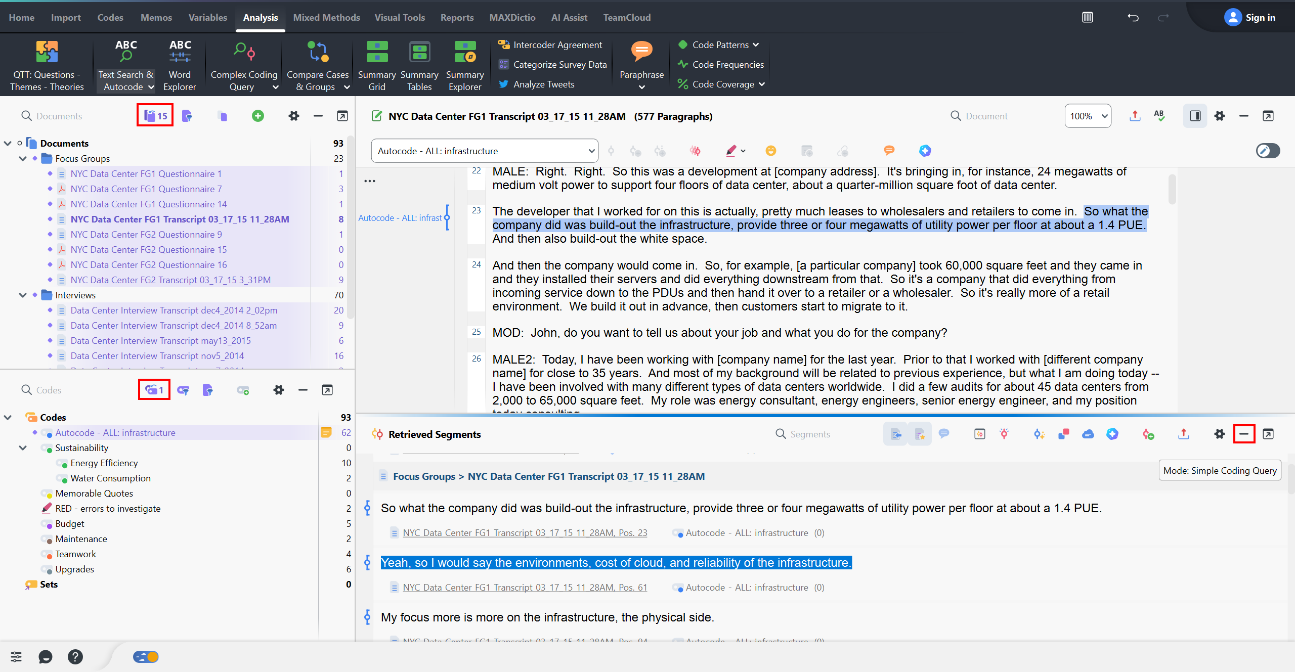 Deactivating documents and codes icons are highlighted along with the minimize icon for the retrieved segments window