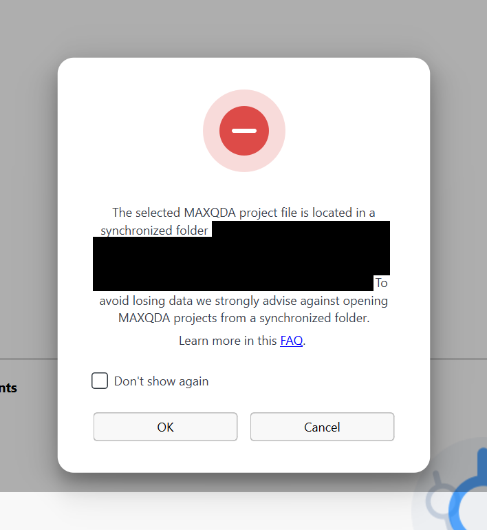 Warning pop-up about not saving in a synchronized folder