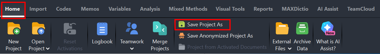 Menu showing Home and then Save Project As Highlighted