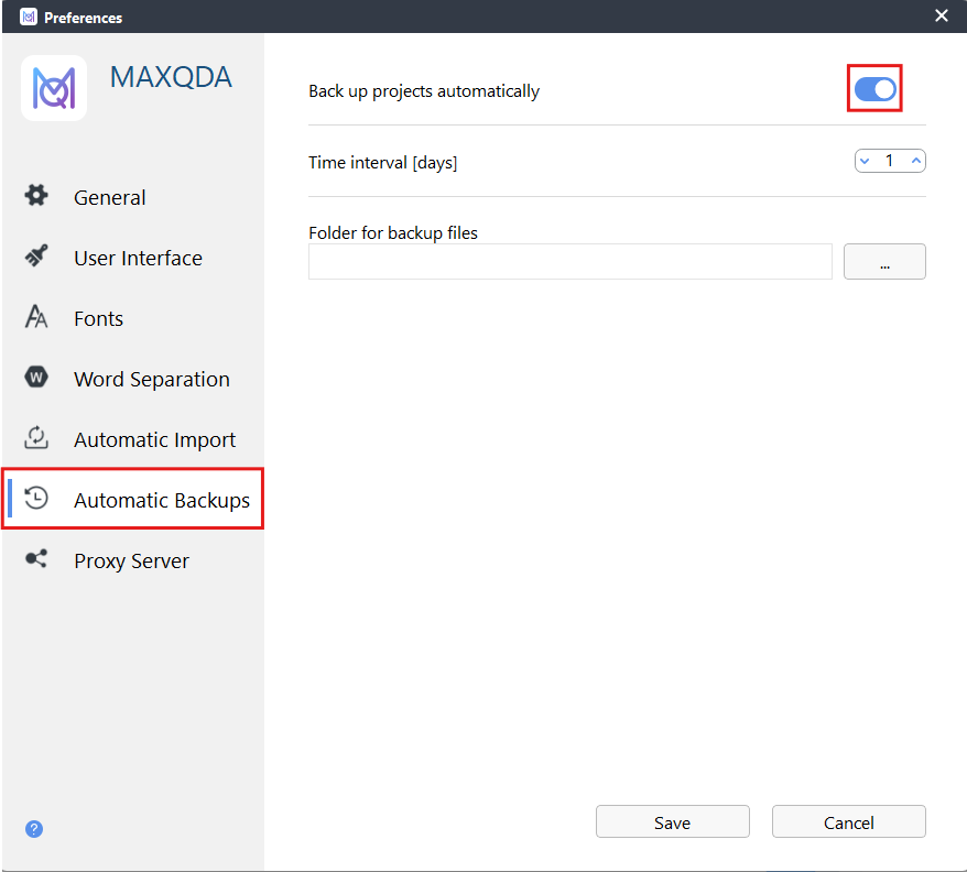 Automatic Backups and Back up projects automatically toggled on highlighted