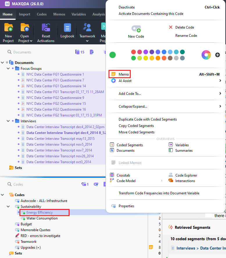 Show pop-up properties window for the Energy Efficiency code with the Memo option highlighted