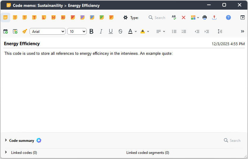 Energy Efficiency Code Memo window with some text written in it