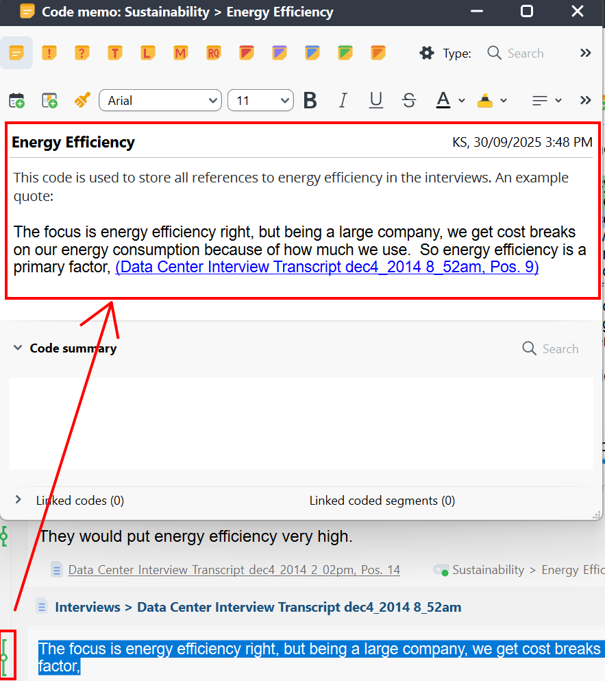Shows how you would drag a segment in the retrieved segments window into the Energy Efficiency code memo