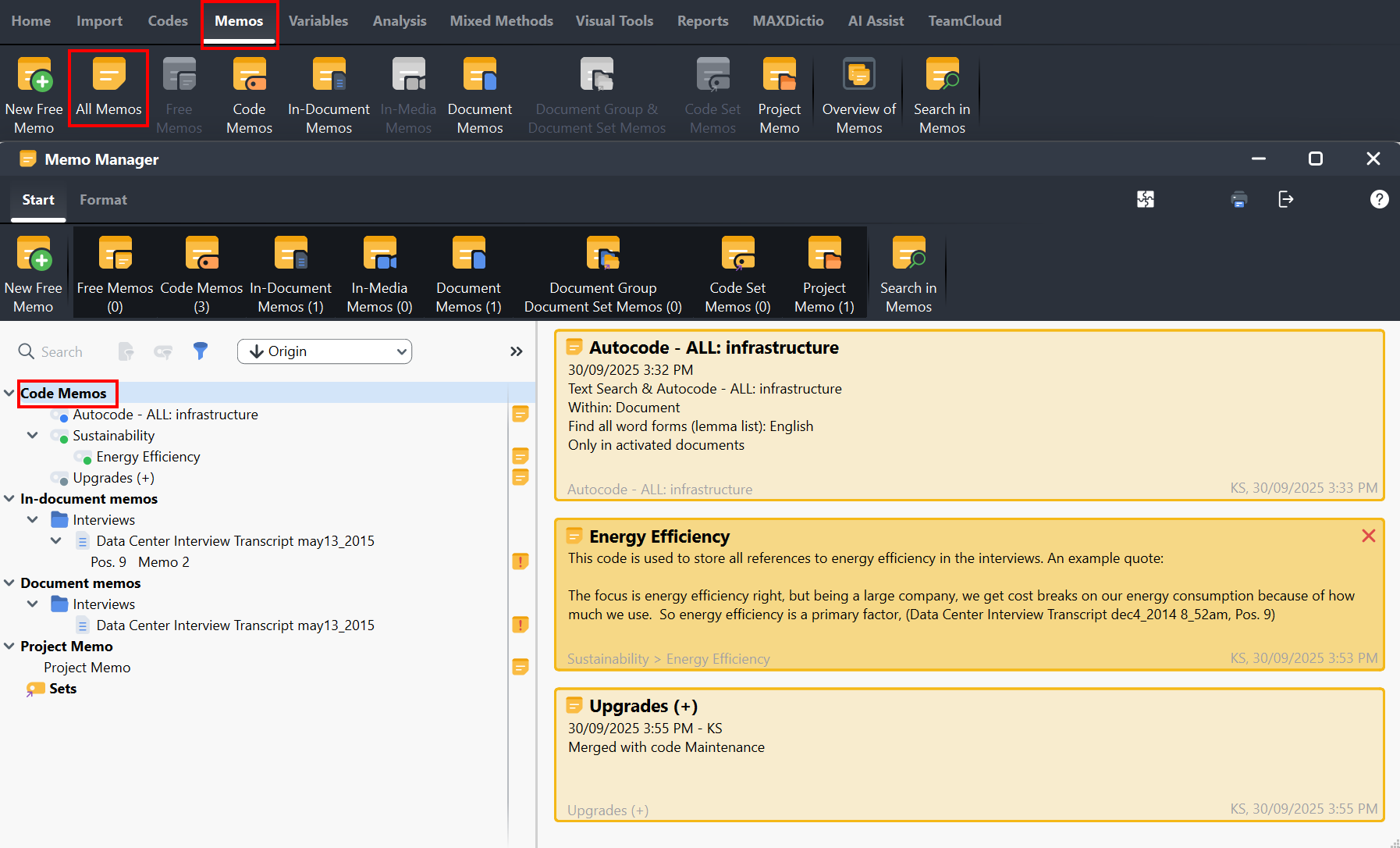 Memos and then All Memos highlighted in menu and display of memo manager with code memos selected