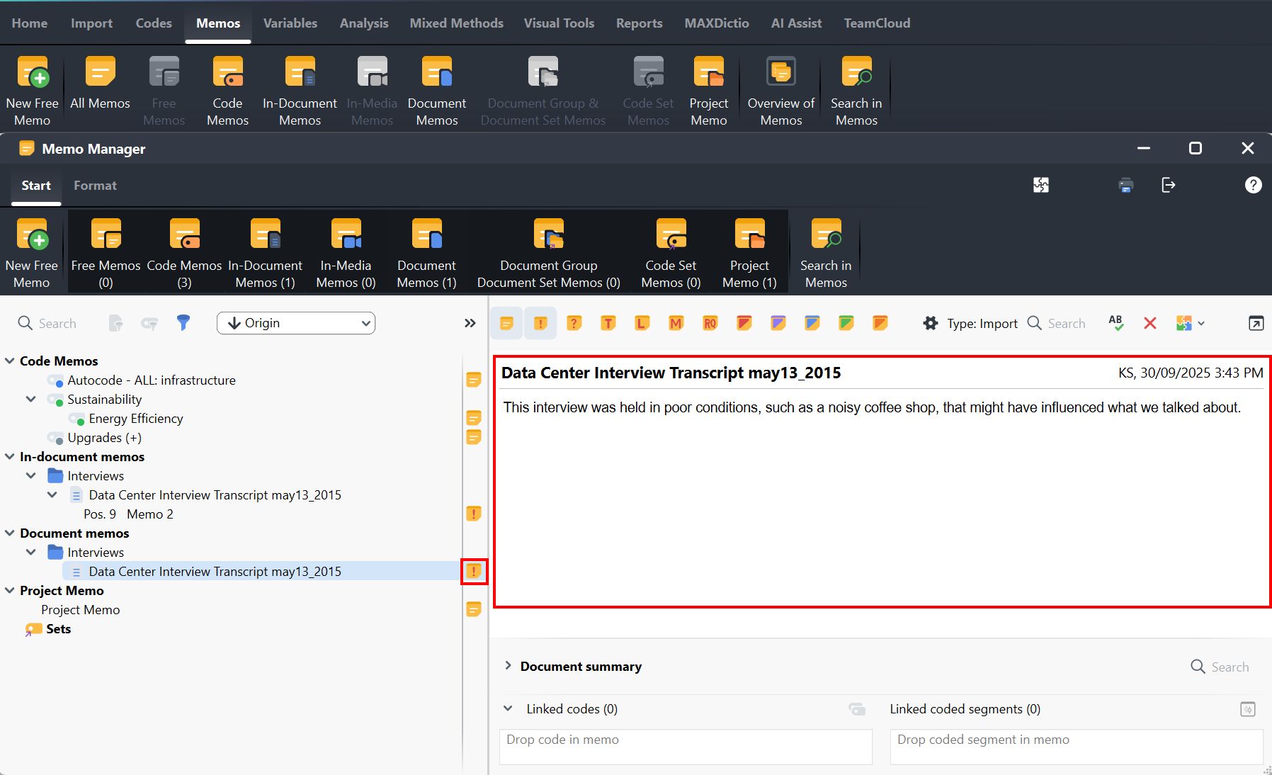 Memo manager display with interview memo preview open on the right