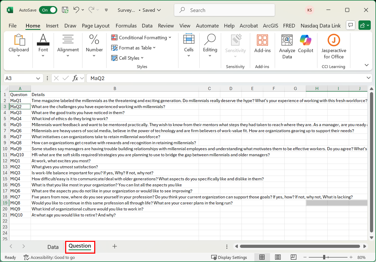 Excel spreadsheet of the Survey data showing the Question sheet.