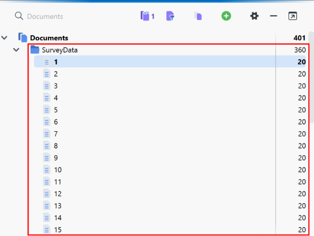 SurveyData document group with numbered documents corresponding to survey respondent's answers.