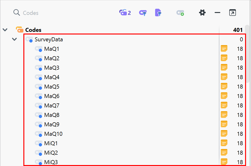 SurveyData parent code with each question as a child code highlighted in the Codes list.