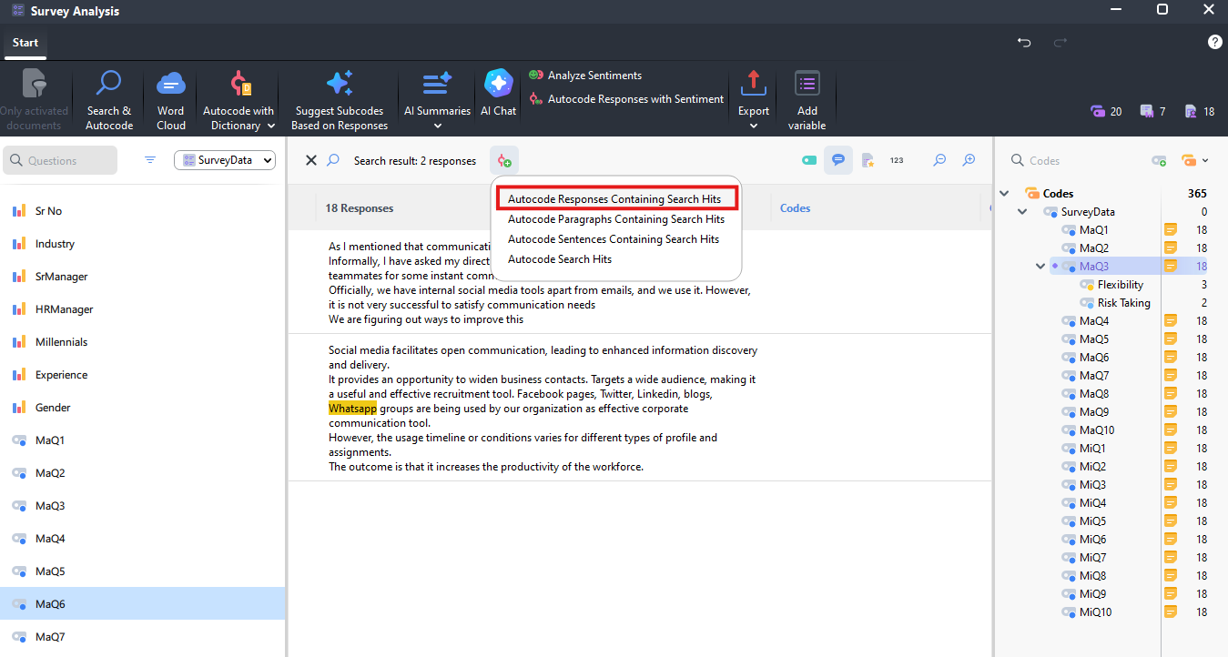 Autocode Responses Containing Search Hits highlighted