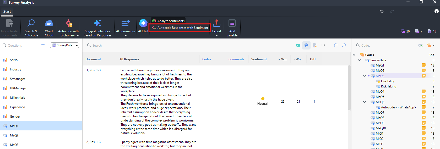 Autocode Response with Sentiment highlighted