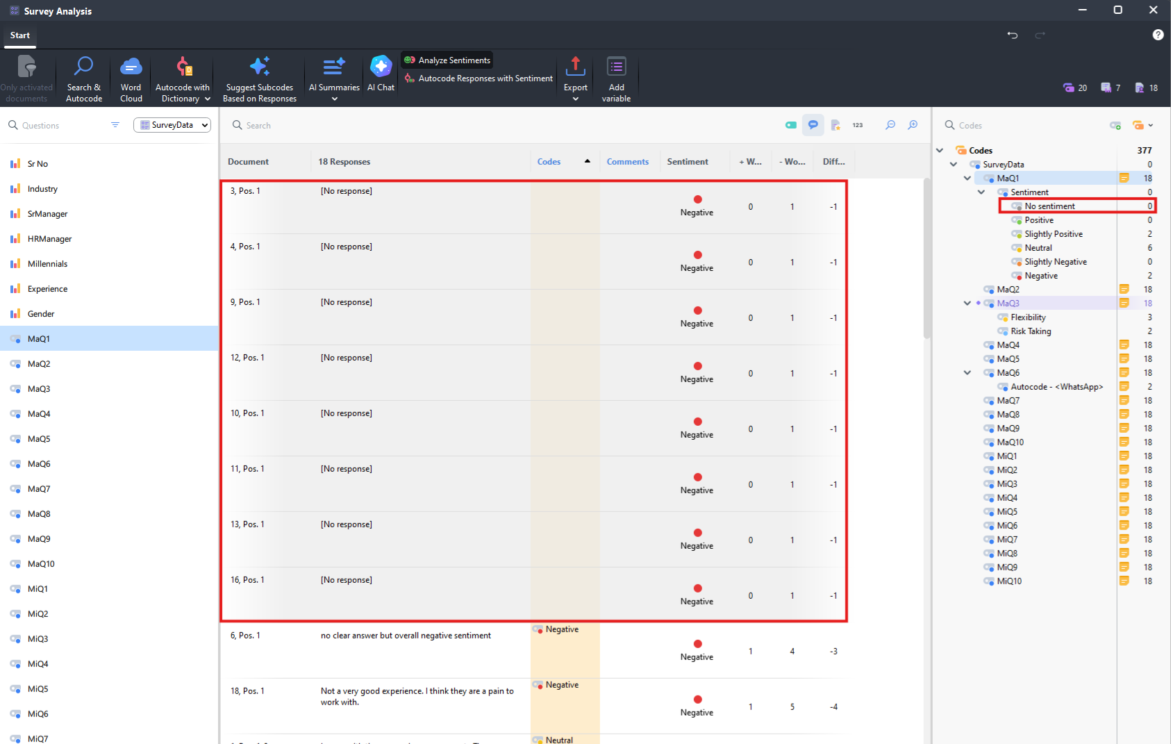 Negative codes and No sentiment code highlighted