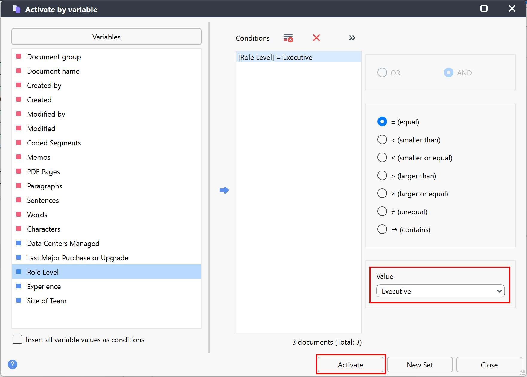 Activate by variable window with Role Level set to Executive and the OK button highlighted