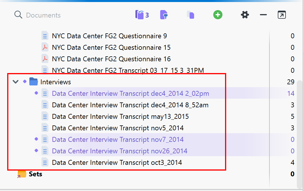 Three interview documents are activated in purple and highlighted