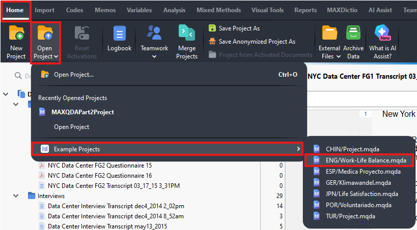 Home menu, then Open Project, then Example Projects and then ENG/Work Life Balance.maxqda options all highlighted.