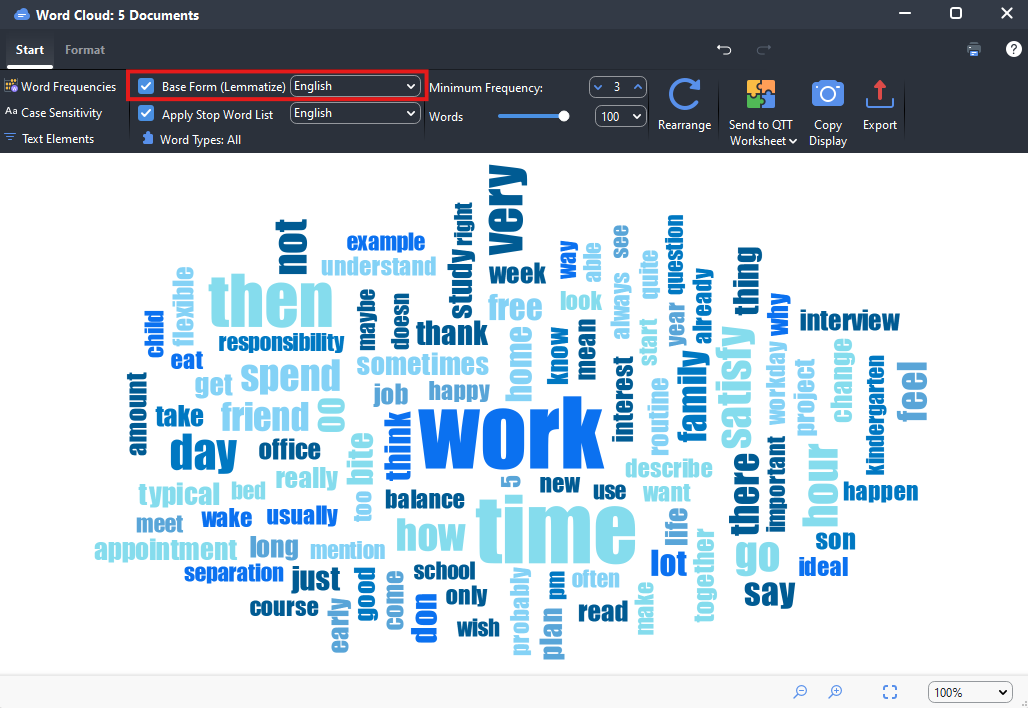 Word cloud window with Base Form (Lemmatize) and English both highlighted on the Start tab.