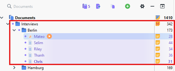 Berlin Interview Transcripts are activated and highlighted in the Document list.