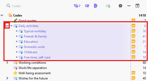 Work-life balance codes activated and highlighted in the Codes list.