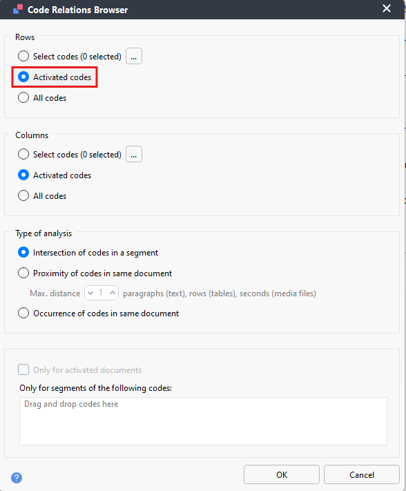 Code Relations Browser pop-up window with Activated codes selected and highlighted under Rows.