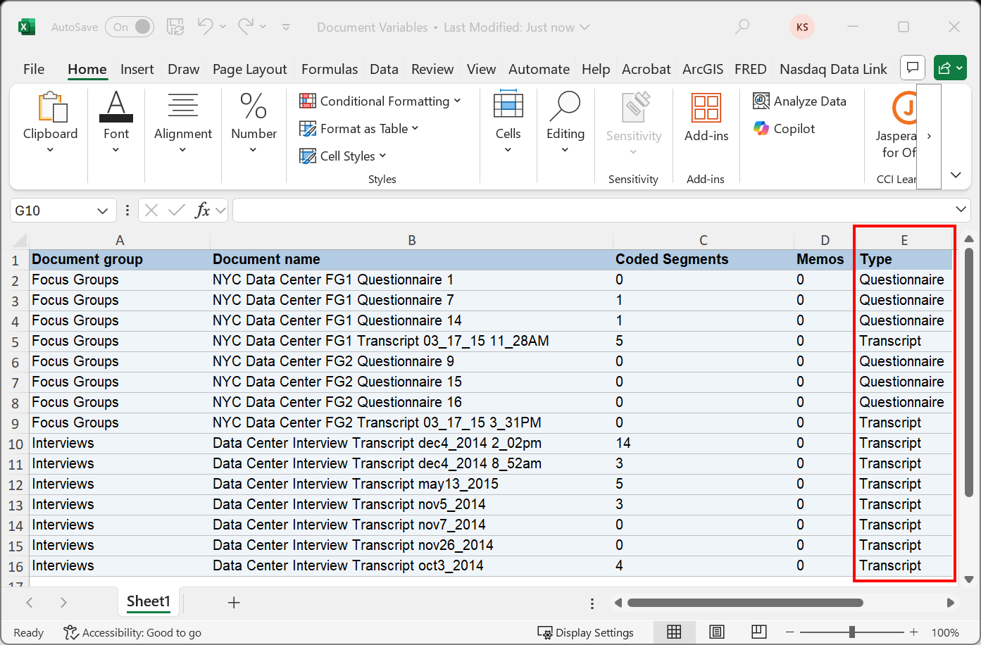 Excel spreadsheet with a type column highlighted and filled in with the type of document - Questionnaire vs Transcript