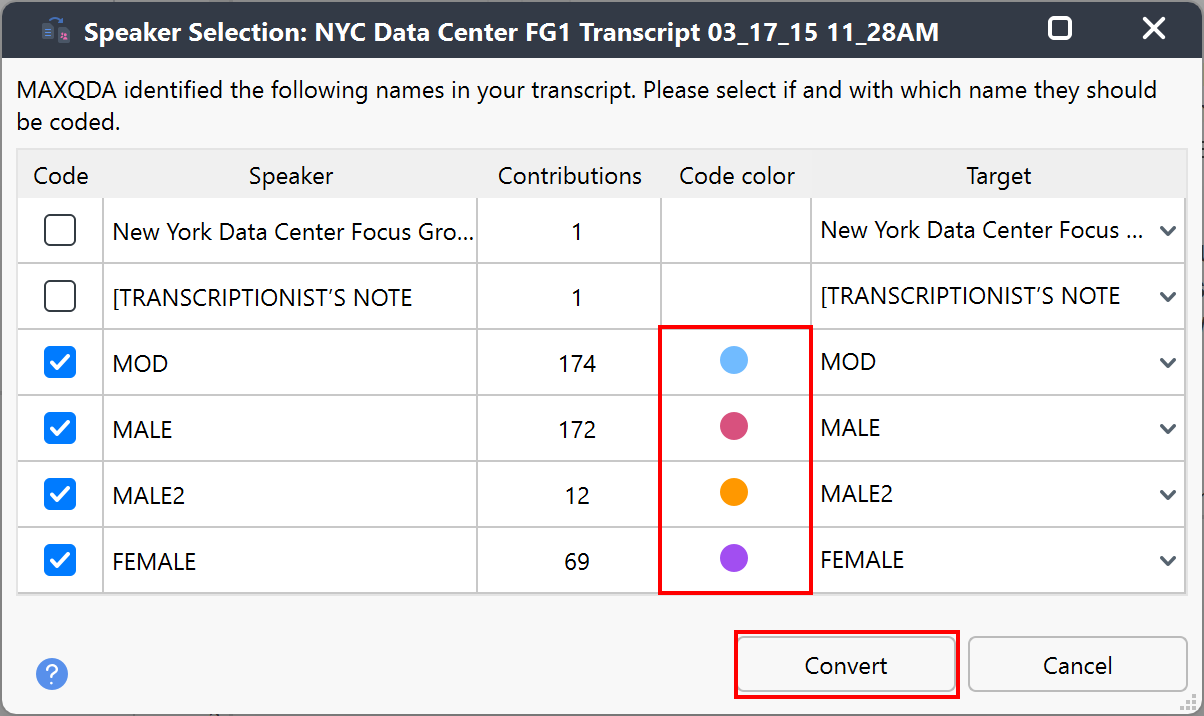 Speaker Selection window with the Code colours for the speaker names highlighted and the Convert button highlighted.