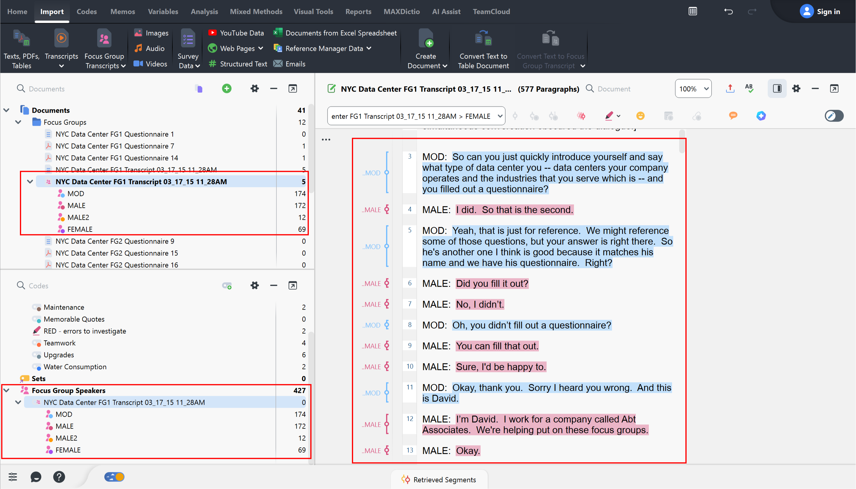 Interface with the transcript expanded to show new speaker documents, and new focus group speakers codes all highlighted, along with a document coded and highlighted with the new speaker codes.
