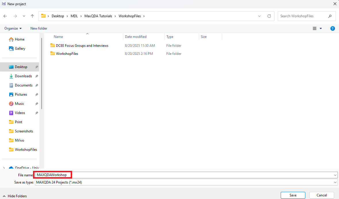 New Project browser open with MAXQDAWorkshop as the file name highlighted