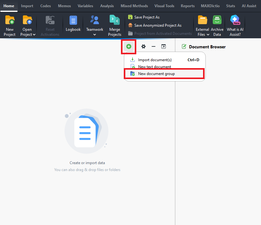 Green plus sign icon and New document group highlighted