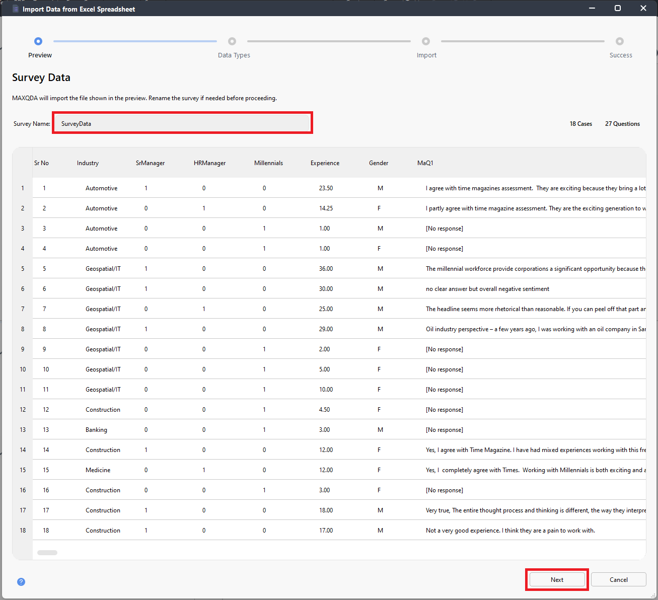 SurveyData in Survey Name and Next highlighted