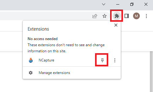 Chrome extensions menu with the pin icon for NCapture highlighted.