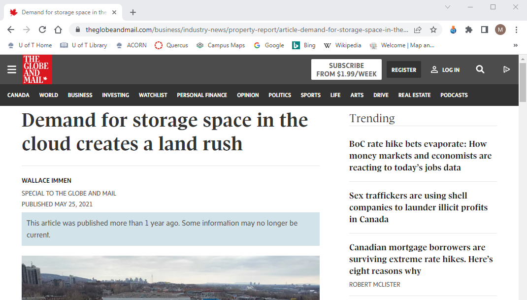 The Globe and Mail web article titled "Demand for storage space in the cloud creates a land rush"