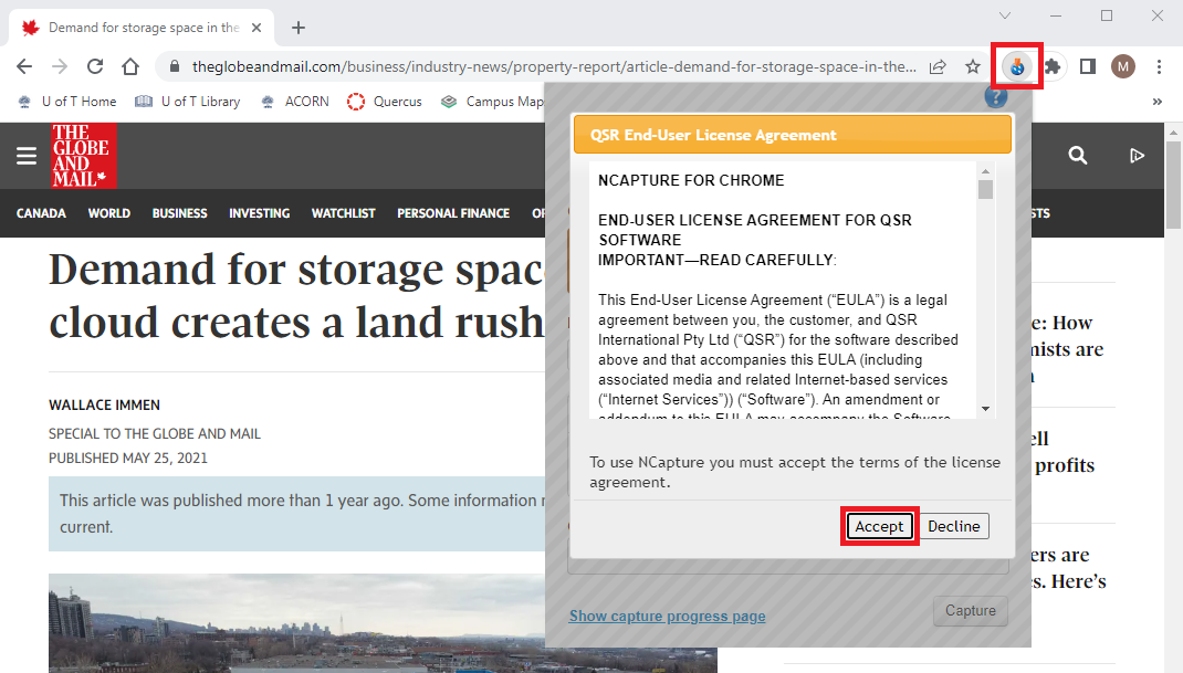 NCapture extension menu with Accept highlighted.
