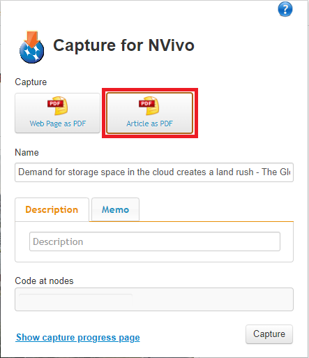 NCapture extension menu with Article to PDF highlighted.