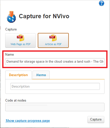 NCapture extension menu with the Name field highlighted.
