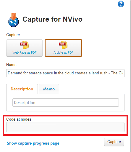 NCapture extension menu with the Code at Nodes field highlighted.