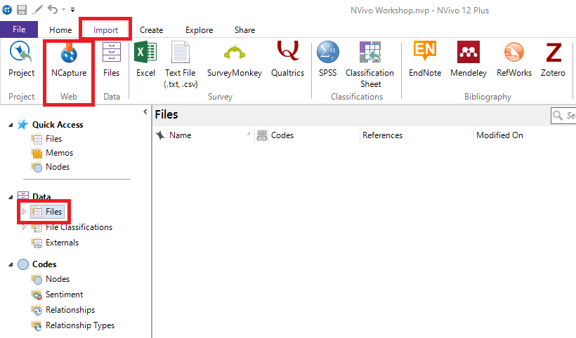 NVivo with "Files" highlighted and selected, the import ribbon open and the NCapture option highlighted.