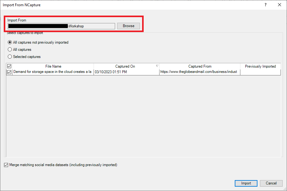 Import from NCapture wizard with Import From highlighted.