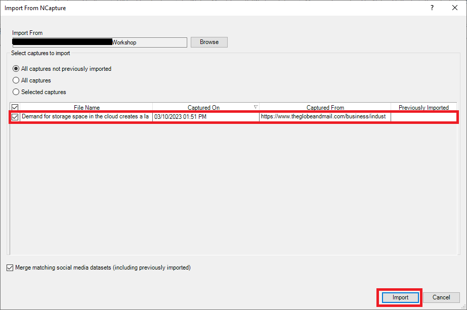 Import from NCapture wizard with the NCapture web article download checked off and highlighted. The Import button highlighted.