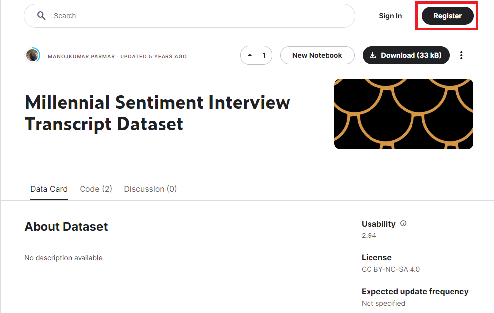 Kaggle page with Millennial Sentiment Interview Transcript Dataset. Register button in the top right highlighted.