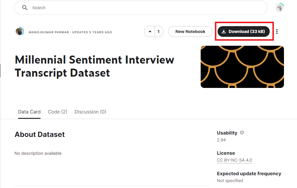 Kaggle page with Millennial Sentiment Interview Transcript Dataset. Download button highlighted.