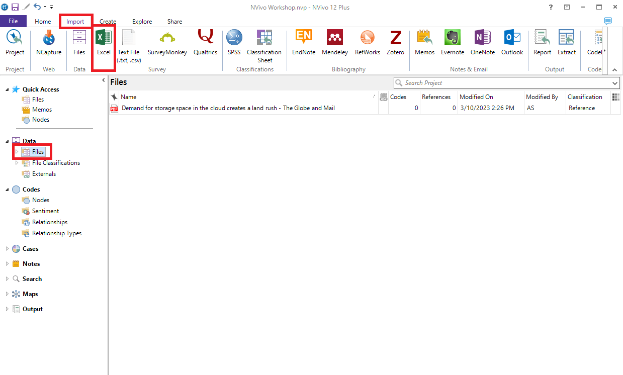 NVivo with "Files" highlighted and selected, the import ribbon open and the Excel option highlighted.