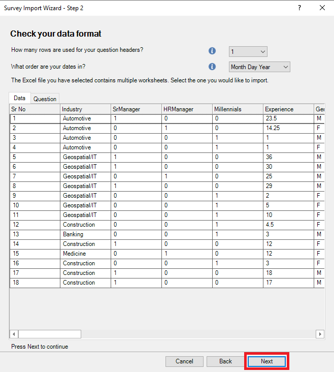 Survey Import Wizard Step 2 with Next highlighted.