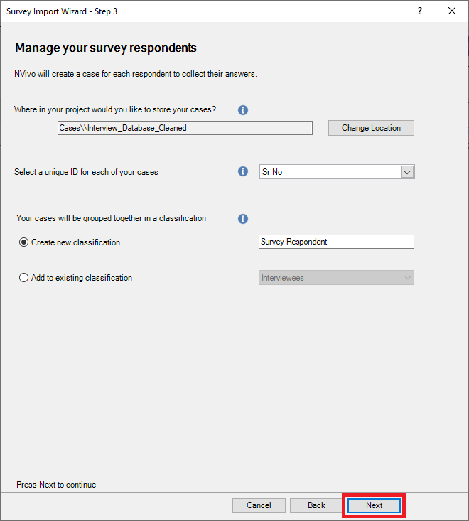 Survey Import Wizard Step 3 with Next highlighted.