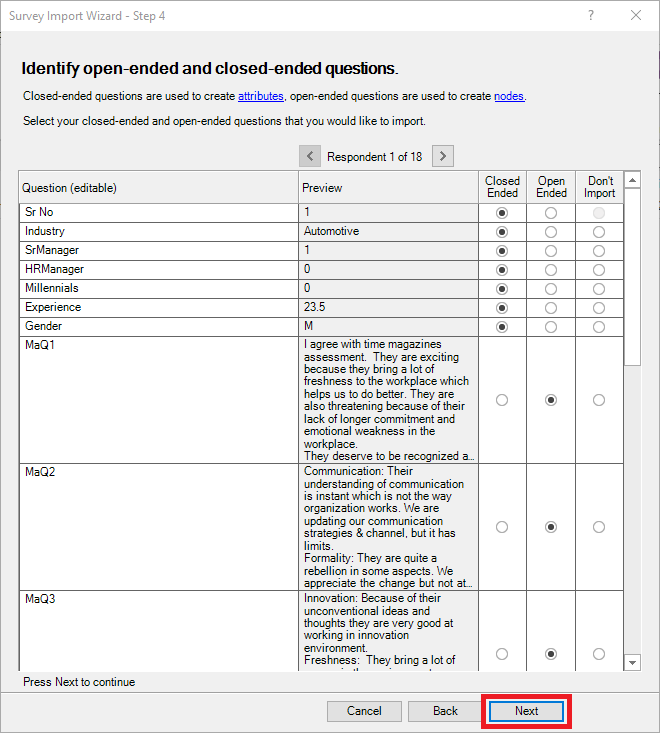 Survey Import Wizard Step 4 with Next highlighted.