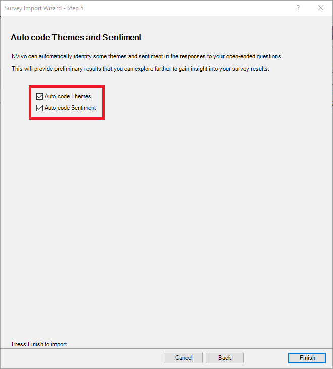 Survey Import Wizard Step 4 with Auto code Themes and Auto code Sentiment checked off and highlighted.